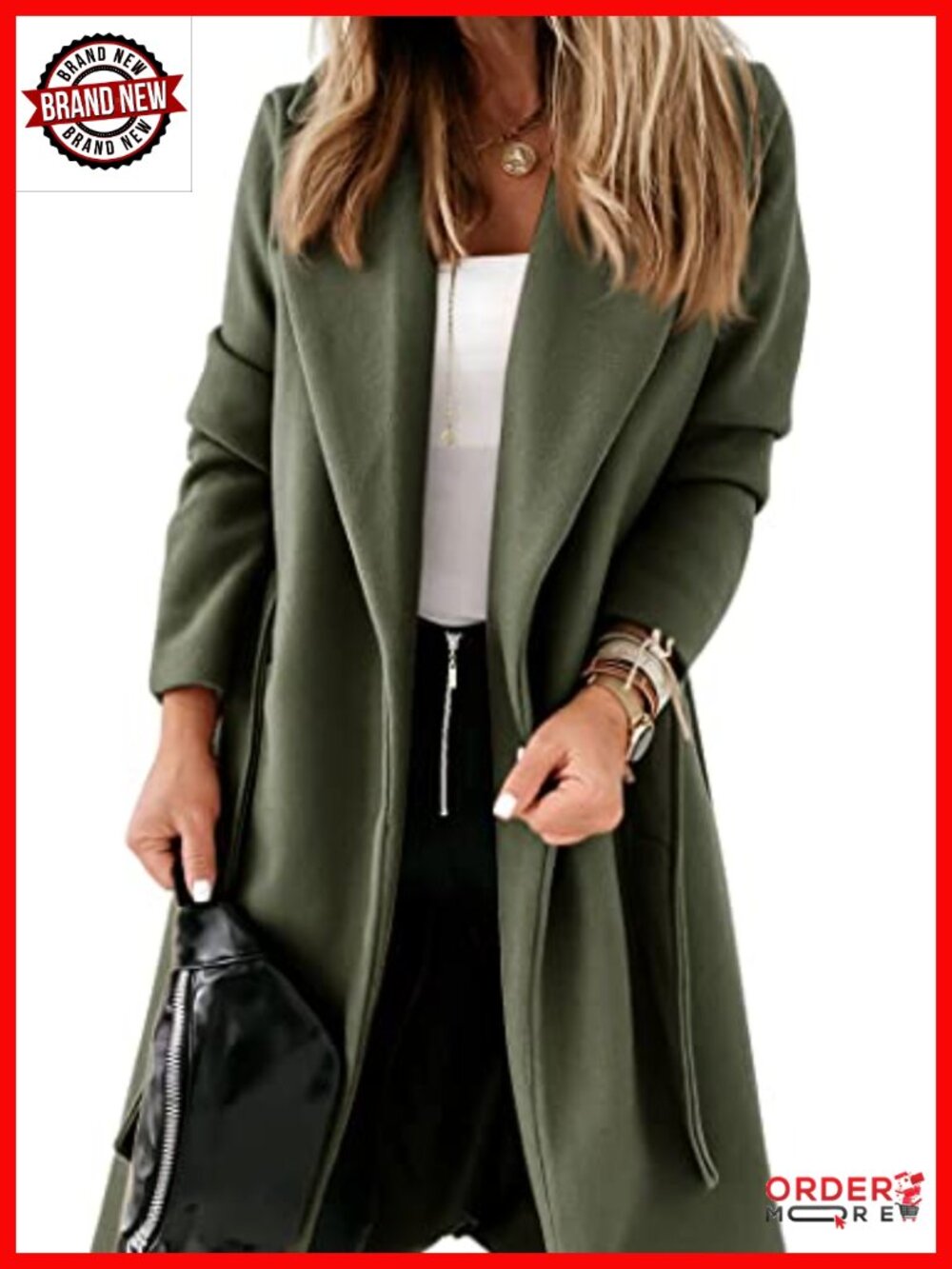 Womens Long Trench Coat Open Front Belted Lapel Overcoat